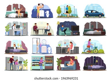 Daily routine of young man and woman. Girl and boy waking up, showering, eating breakfast, commute to work, working in office, shopping in store, leisure, sleeping. Schedule vector illustration
