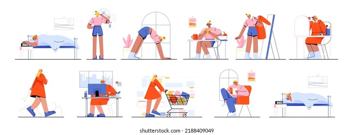 Daily routine of young woman, flat character set. Female waking up, exercising, having meal, working, shopping, reading book, sleeping in bed. Active lifestyle vector illustration on white background