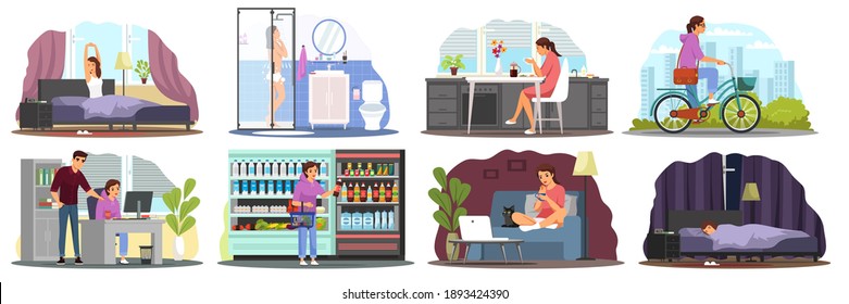 Daily routine of young woman. Girl waking up, showering, eating breakfast, commute to work, working in office, shopping in store, leisure, sleeping. Schedule vector illustration.