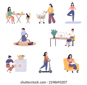 Daily routines activities of women spend time eating, walking, chatting and reading, meditating, shopping, washing, cleaning. Women's activity and leisure illustration.