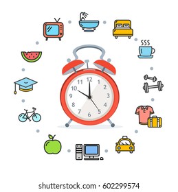 Daily Routines Concept Healthy Life Living Habit Icon Symbol Set with Alarm Clock. Vector illustration
