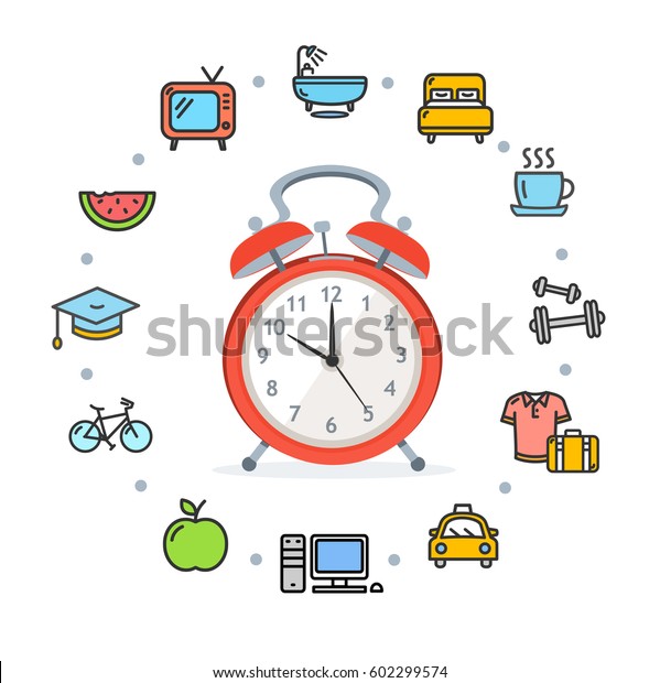 Daily Routines Concept\
Healthy Life Living Habit Icon Symbol Set with Alarm Clock. Vector\
illustration