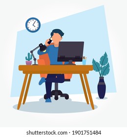 daily routines design with Man working at the home office over white background, flat style, vector illustration