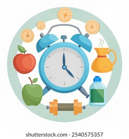 Daily Routines Fitness Concept Healthy Life with Alarm Clock Symbol. vector illustration isolated on white background