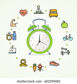 Daily Routines Fittness Concept Healthy Life with Alarm Clock Symbol. Vector illustration