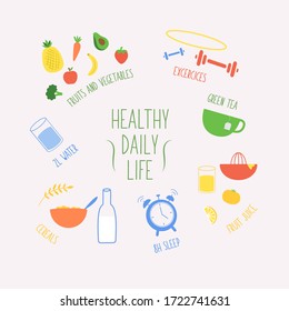 Daily Routines Fittness, Food Concept Healthy Life with symbols.