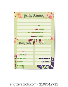 Daily Routines planner template Vector design element Floral of page for a notebook sheet with notes