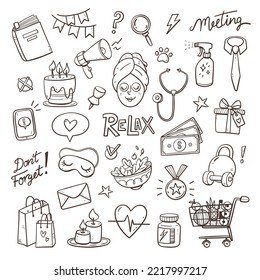 Daily routines and reminders. Perfect for bullet journals and digital planners. Daily chores, self-care, celebration reminders, shopping, workout time... Doodle vector illustration. Set 2 of 2.