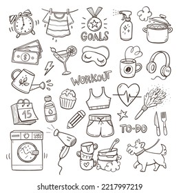 Daily routines and reminders. Perfect for bullet journals and digital planners. Daily chores, reminders, paying bills, parties, hobbies, workout time... Doodle vector illustration. Set 1 of 2.