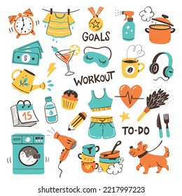 Daily routines and reminders. Perfect for bullet journals and digital planners. Daily chores, reminders, paying bills, parties, hobbies, workout time... Colorful vector illustration. Set 1 of 2.