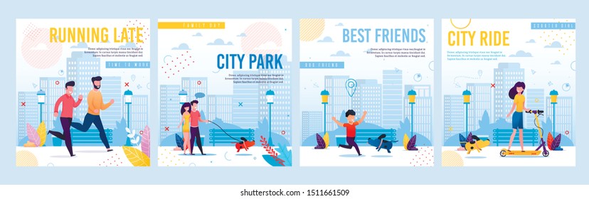 Daily Routing, Work and Recreation Time Poster Trendy Flat Set. Happy Cheerful Cartoon People Rushing to Job, Doing Sport on Eco Transport Scooter, Walking with Best Friend Dog. Vector Illustration