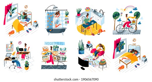 Daily routing of young woman. Girl waking up, showering, eating breakfast, commute to work, working in office, shopping in store, watching tv, sleeping. Schedule vector illustration.