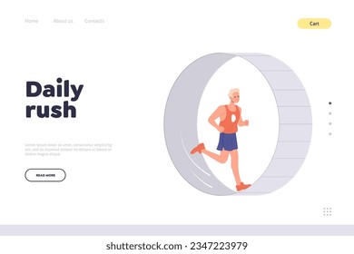 Daily rush landing page design template with sportsman male athlete running like squirrel in wheel