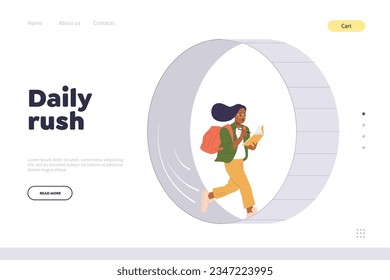 Daily rush landing page design template with young female student running like squirrel in wheel