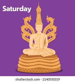 Der tägliche Samstag als Pang Buddha Bild Stil Vektorgrafik auf violettem Hintergrund.