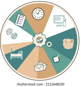 Daily schedule, daily affairs of person, indicators of time for rest, work, sleep, food, hobby. Scheduling activities for day, time management, distribution of tasks, circle with sectors of occupation