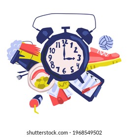 Daily Schedule by Time. Various Activities. This is Household chores, Work with Sports and Food. In the center of the blue Alarm Clock and around objects of Life. Vector flat Abstract Illustration.