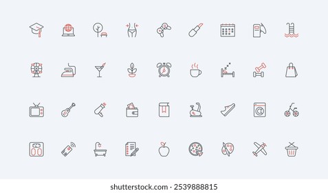 Daily schedule, everyday busy life time for work and rest in weekend, calendar line icon set. Morning routine, grocery shopping, sleep and food thin black and red outline symbols vector illustration