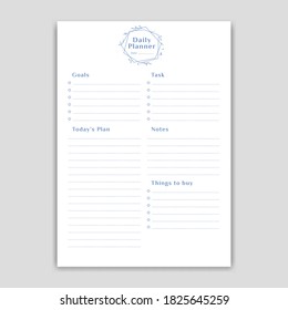 Daily schedule planner A3 Size with goals, task, today plan, notes and buy shopping list in simple clean style with wreath plant decoration