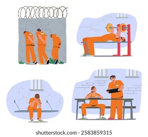 Daily schedule routine in jail, prisoner behavior and emotions cartoon scene vector illustration. People criminals doing sport, eating, walking and resting in prison under surveillance control