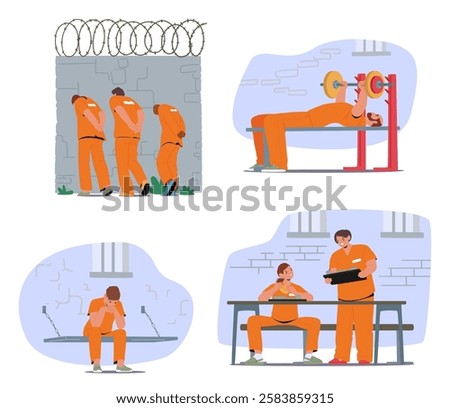 Daily schedule routine in jail, prisoner behavior and emotions cartoon scene vector illustration. People criminals doing sport, eating, walking and resting in prison under surveillance control
