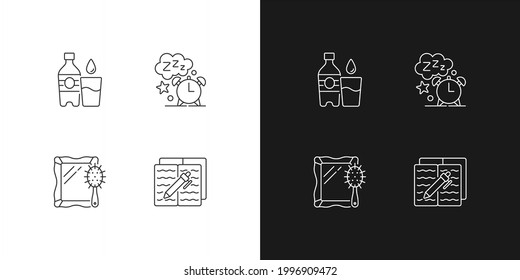 Daily schedule and routine linear icons set for dark and light mode. Watter bottle. Sleep time. Alarm clock. Customizable thin line symbols. Isolated vector outline illustrations. Editable stroke