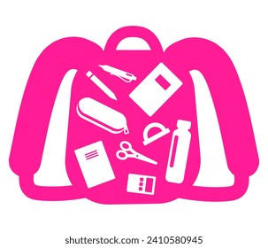 Daily school stuff of a student: bag, book, notebook, pencil, pen, calculator, bottle of water, scissors, ruler, pencil case. Vector illustration. Icons.