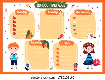 Daily School Timetable For Children. Weekly Calendar For Classes. Printable Education Chart For Student. Schedule List In English. Cute Template Lesson For Week.  