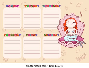 Daily school timetable for kids. Vector cartoon template with mermaid princess in shell.