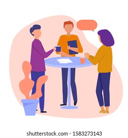 Daily Scrum or Stand-up Scrum with Development team, Scrum Master, and Product Owner. Setting up prioritized worklist. Vector concept illustration.