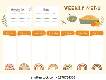 Daily shopping list in vector for every day meal menu. Food planner for healthy nutrition