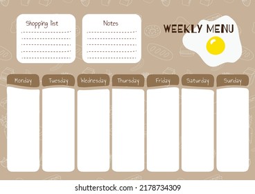 Daily shopping list in vector for every day meal menu. Food planner for healthy nutrition