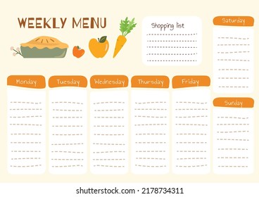 Lista diaria de compras en vectores para el menú diario de comidas. Planificador alimentario para una nutrición y una dieta saludables