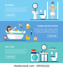 Daily shower for hygiene and relaxation flat horizontal banners set interactive webpage abstract isolated vector illustration 