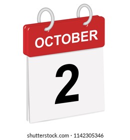 Daily single-leaf calendar, red spine, 3d, month of October, second day, 2nd.Vector,illustration