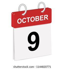 Daily single-leaf calendar, red spine, 3d, month of October,ninth day,9th.Vector,illustration