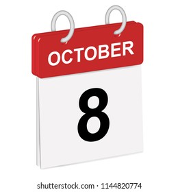 Daily single-leaf calendar, red spine, 3d, month of October,eighth day,8th.Vector,illustration