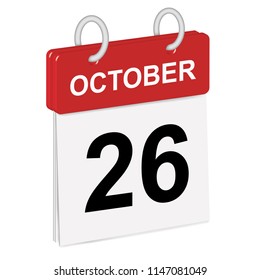 Daily single-leaf calendar, red spine, 3d, month of October,twenty-sixth day,26th.Vector,illustration