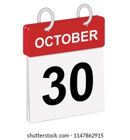 Daily single-leaf calendar, red spine, 3d, month of October,thirtieth day,30th.Vector,illustration