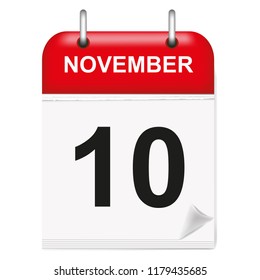 Daily single-leaf calendar, red spine, 3d, month of November,tenth,10,10th.Vector,illustration