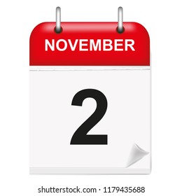 Daily single-leaf calendar, red spine, 3d, month of November, second day, 2nd.Vector,illustration