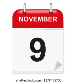 Daily single-leaf calendar, red spine, 3d, month of November,ninth,9, 9th.Vector,illustration