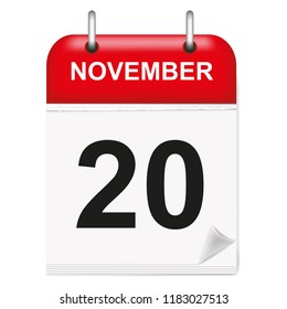 Daily single-leaf calendar, red spine, 3d, month of November,twentieth,20, 20th.Vector,illustration