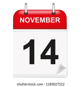 Daily single-leaf calendar, red spine, 3d, month of November,forteenth,14, 14th.Vector,illustration
