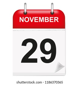 Daily single-leaf calendar, red spine, 3d, month of November,twenty-ninth,twenty-nine,29, 29th.Vector,illustration.
