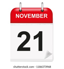 Daily single-leaf calendar, red spine, 3d, month of November,twenty-first,21, 21st.Vector,illustration.