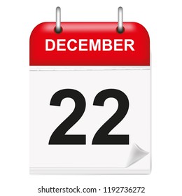 Daily single-leaf calendar, red spine, 3d, month of December,twenty-second,22, 22th.Vector,illustration