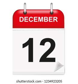 Daily single-leaf calendar, red spine, 3d, month of December,twelfth,12th.Vector,illustration