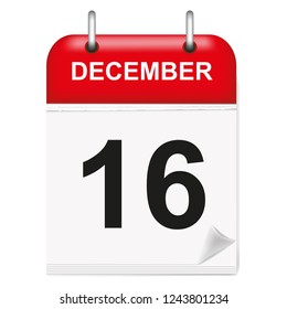 Daily single-leaf calendar, red spine, 3d, month of December,sixteenth, 16th.Vector,illustration