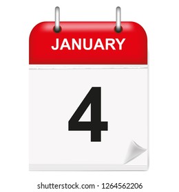 Daily single-leaf calendar, red spine, 3d, month of January,fourth,4, 4th.Vector,illustration
